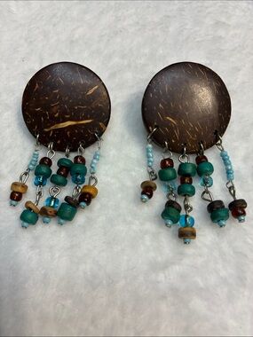 Vintage Brown Coconut Disk Earrings with Turquoise and Amber Beads